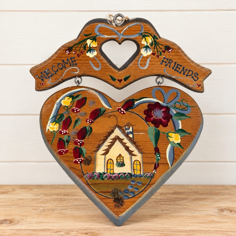 Vintage CottageCore Welcome Friends Sign Plaque Heart Country Folk Art Painted